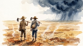 Ilustración en acuarela de dos campesinos con sombrero de paja y herramientas. Caminan por un campo seco y agrietado con nubes de tormenta al fondo.