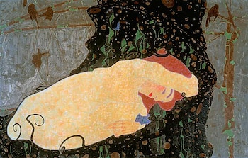 Pintura expresionista de Danaë, mostrando una figura femenina desnuda y pálida recostada, cabello rojizo, rodeada de formas oscuras y orgánicas
