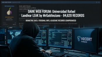Persona encapuchada trabajando en múltiples monitores mostrando código y gráficos; una pantalla frontal tiene un título sobre filtración de datos.