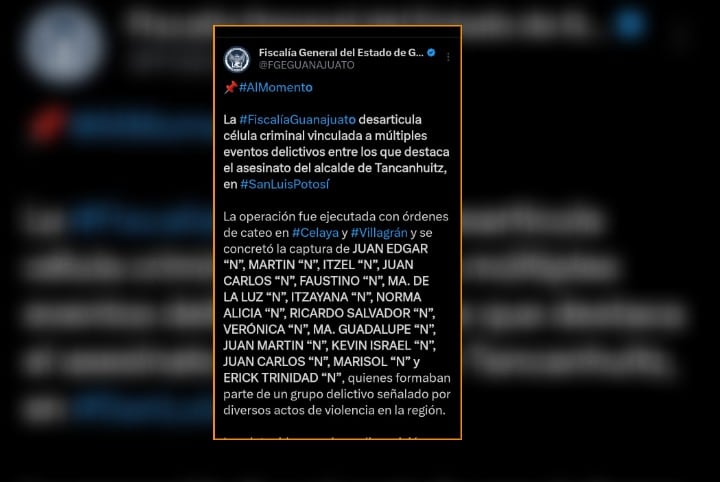 Fiscalía de Guanajuato informó sobre la detención de 16 personas en Guanajuato. Los vinculan a asesinato de alcalde de Tancanhuitz Foto: (Captura) X. @FGEGUANAJUATO
