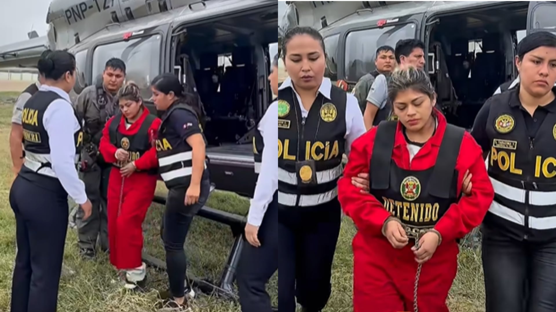 Agentes de la Policía Nacional custodian a Catherin Yanet Méndez Araujo tras su traslado en helicóptero a Trujillo por su presunta vinculación con un secuestro. (Composición: Infobae Perú)