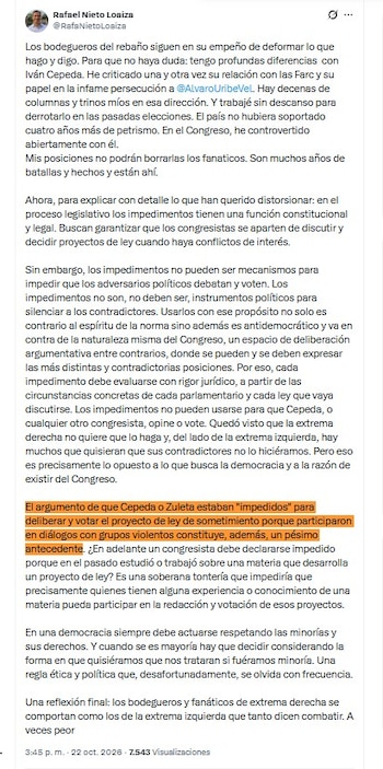 El senador Rafael Nieto Loaiza, del Centro Democrático, cuestionó el uso de impedimentos legislativos como mecanismo para excluir a congresistas de los debates en el Senado - crédito @RafaNietoLoaiz/X