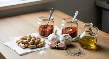 Maní con cáscara, ajos enteros y dientes, ají molido, pimentón dulce en frascos, sal, pimienta negra y aceite de girasol en un recipiente de vidrio sobre una mesa de madera.