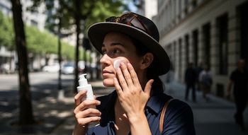 Una mujer adulta aplica una crema blanca de protector solar en su mejilla derecha con el dedo, mientras sostiene la botella; lleva sombrero y gafas de sol en una vereda soleada.