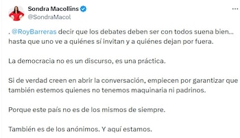 Sondra Macollins pide ser invitada a los debates presidenciales - crédito @SondraMacol/X