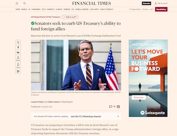 Captura de pantalla de un artículo del Financial Times mostrando al secretario del Tesoro Scott Bessent hablando, con una bandera de EE. UU. al fondo