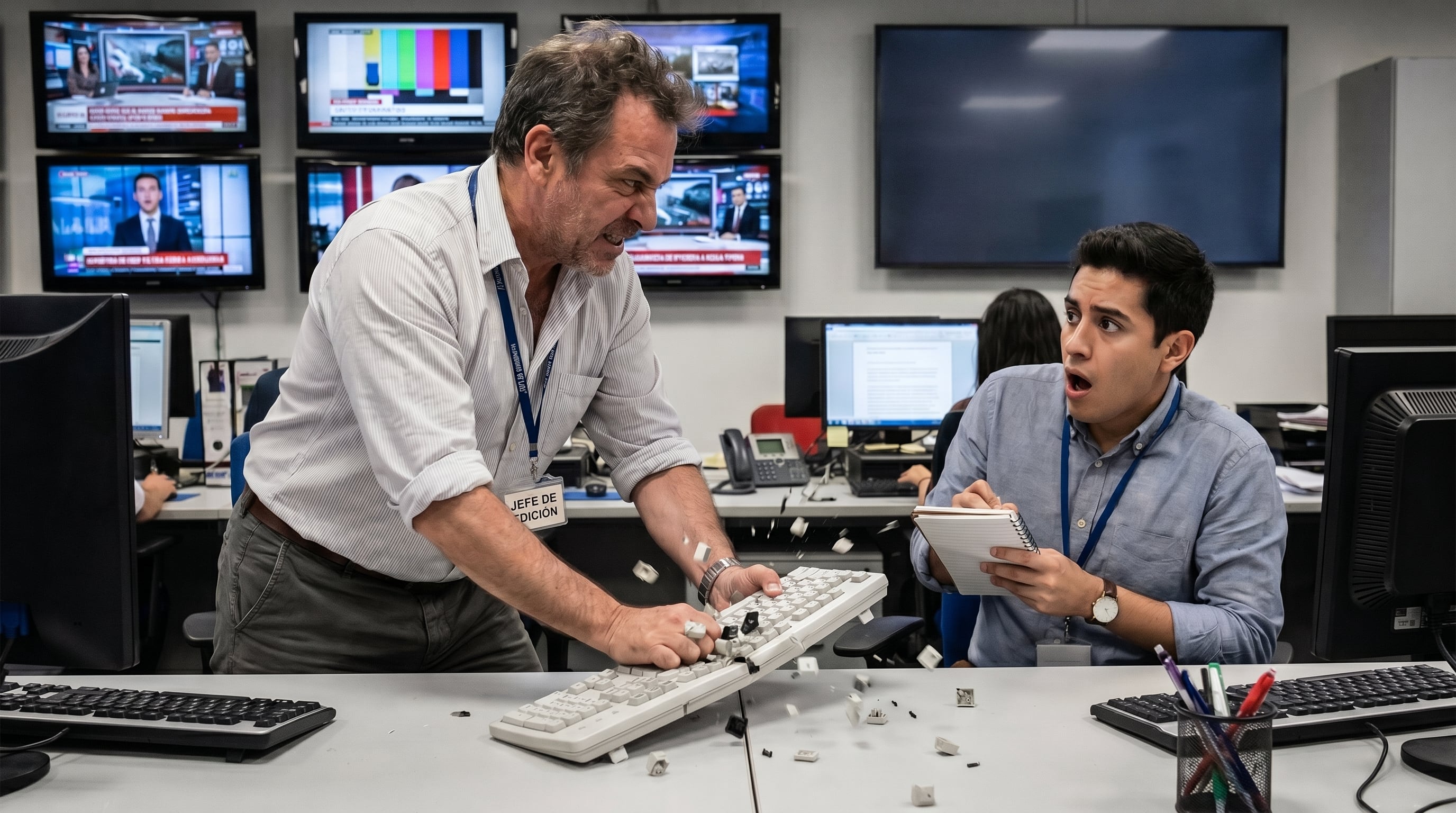 Un director de edición visiblemente frustrado destroza un teclado mientras un joven colega observa atónito en una bulliciosa sala de noticias. (Imagen Ilustrativa Infobae)