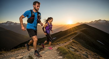 Un hombre y una mujer corren por un sendero rocoso en la cresta de una montaña al atardecer. Detrás, montañas nevadas y el sol brillando en el horizonte.