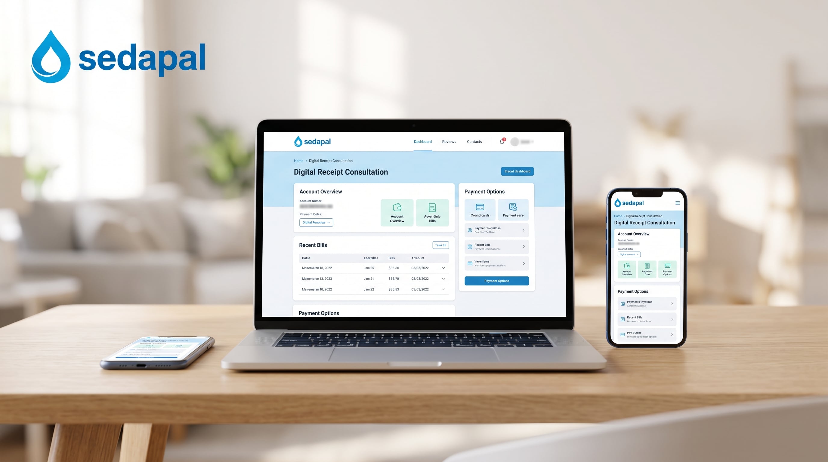 Una computadora portátil y teléfonos móviles exhiben la plataforma de consulta digital del recibo del servicio de agua de Sedapal. (Imagen Ilustrativa Infobae)