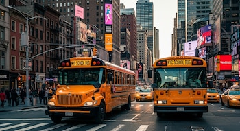 Dos autobuses escolares amarillos grandes en una calle concurrida de Nueva York con edificios altos y vallas publicitarias brillantes de fondo.