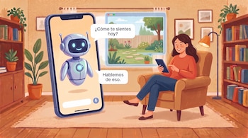 Mujer sentada en sillón con tablet, viendo un robot chatbot en un smartphone con burbujas de texto, en una sala con estanterías y plantas.