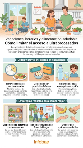 Ilustración de una familia, reloj, comidas, mochila con fruta, botella de agua, niño bebiendo, nevera con alimentos, familia paseando y manos con fruta. Infografía de Infobae.