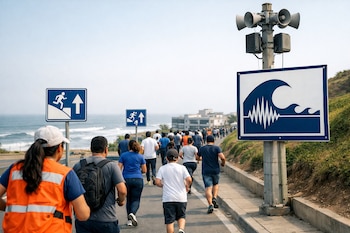 Un grupo de personas corre por una vía costera con señales azules de evacuación y un poste con sirenas de alerta y un cartel del Sistema de Alerta Sísmica Peruano.