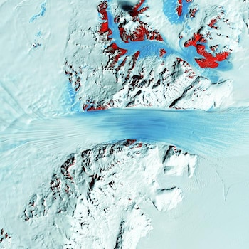 El glaciar Byrd, de rápido movimiento, atraviesa las montañas Transantárticas, fluyendo desde la meseta polar (izquierda) hasta la plataforma de hielo de Ross (derecha). En esta imagen satelital infrarroja a color, las manchas rojas marcan la roca expuesta. Los investigadores proponen que el levantamiento de las montañas fue el origen de la formación de la capa de hielo.