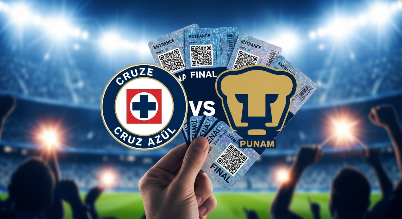 Una mano sostiene boletos de la final de la Liga MX Clausura 2026 mientras los logos de Cruz Azul y Pumas se enfrentan sobre un fondo de estadio con luces brillantes y aficionados. (Imagen Ilustrativa Infobae)