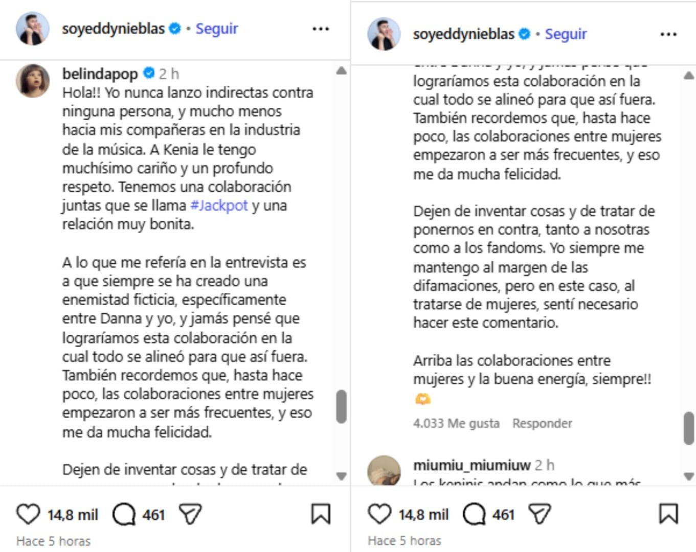 Belinda aclaró lo sucedido con Kenia Os. (@soyeddynieblas)