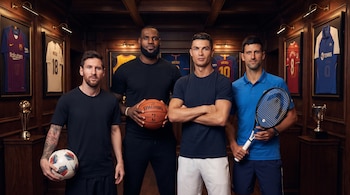 Lionel Messi con balón de fútbol, LeBron James con balón de baloncesto, Cristiano Ronaldo y Novak Djokovic con raqueta de tenis posan en un interior.