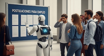 Un robot blanco con una pantalla mostrando "IA" en su pecho bloquea un tablero azul de "POSTULACIONES PARA EMPLEO" mientras jóvenes lo observan.