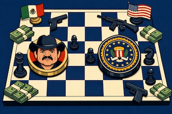 Tablero de ajedrez con fichas de Ismael Zambada y el FBI, banderas de México y Estados Unidos, billetes y armas de fuego dispersos