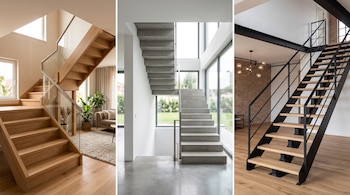 Tres paneles verticales con escaleras interiores: una de madera con barandilla de vidrio, una de hormigón y una de metal con peldaños de madera.