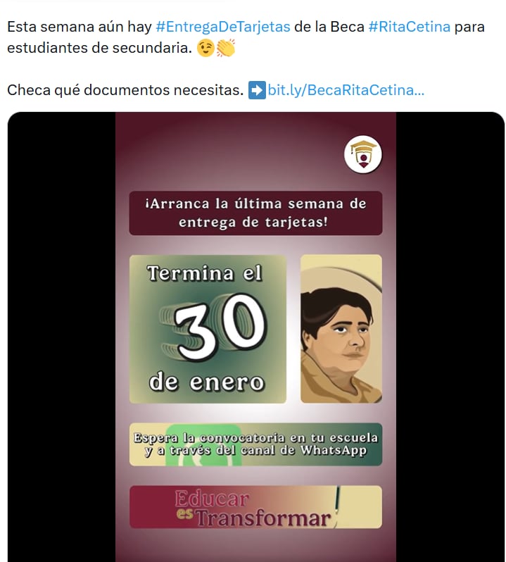 La entrega de tarjetas del Bienestar para los nuevos beneficiarios de la Beca Rita Cetina terminará este fin de semana (Captura de pantalla)