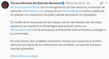 La Tercera División confirmó el ataque con explosivos lanzados desde aeronaves no tripuladas. - crédito @Ejercito_Div3/X
