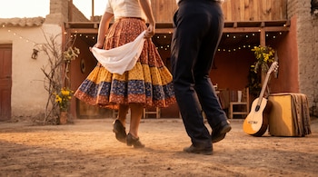 Plano medio bajo de dos personas que bailan sobre tierra con una falda estampada, un pañuelo blanco, una guitarra acústica y un cajón.