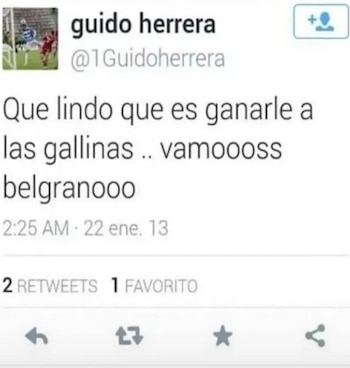 Captura de pantalla de un tweet de Guido Herrera con su foto de perfil, un mensaje celebrando la victoria de Belgrano y la fecha del 22 de enero de 2013