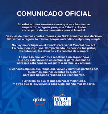 Gráfico azul con texto blanco que dice "COMUNICADO OFICIAL". Detalla la campaña de Grido Helado para repatriar argentinos y ver el Mundial. Logotipo de Grido visible
