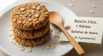 Pila de tres galletas de avena en un plato blanco con avena esparcida. Una cuchara de madera y una tarjeta con "RECETA FÁCIL Y RÁPIDA" al lado.