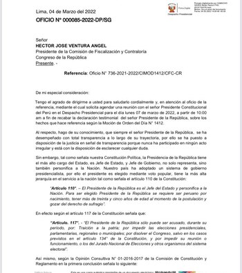 Pedro Castillo envía oficio al