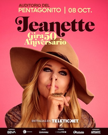Mujer rubia con sombrero, mano derecha con anillo y dedo sobre los labios. Fondo rosa. Texto: Jeanette Gira 50 Aniversario, Auditorio Pentagonito, 8 octubre, Teleticket