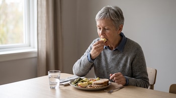 Una persona de cabello canoso consume una manzana junto a un plato con alimento, un vaso de agua y cubiertos sobre una mesa.