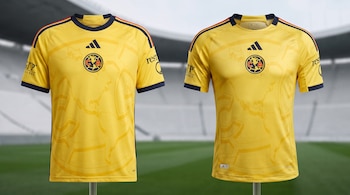Dos camisetas amarillas del Club América sobre soportes, con escudos del club, logos de Adidas, GNP Seguros y resT, frente a un estadio.
