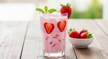 Vaso alto de bebida rosa cremosa con hielo, rodajas de fresa y menta. Una fresa entera decora el borde. Un cuenco con fresas frescas al lado sobre madera.