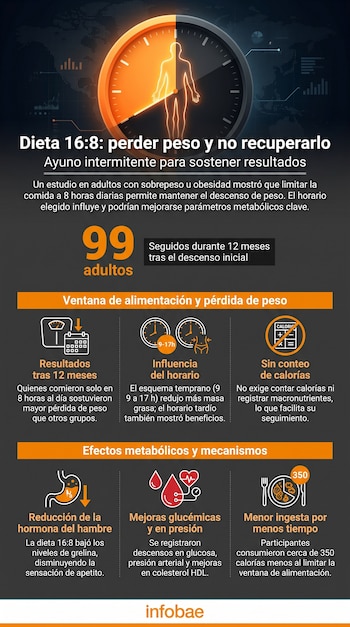 Infografía con reloj, silueta humana, íconos de balanza, calendario, estómago, sangre y texto sobre la dieta 16:8 y sus efectos.