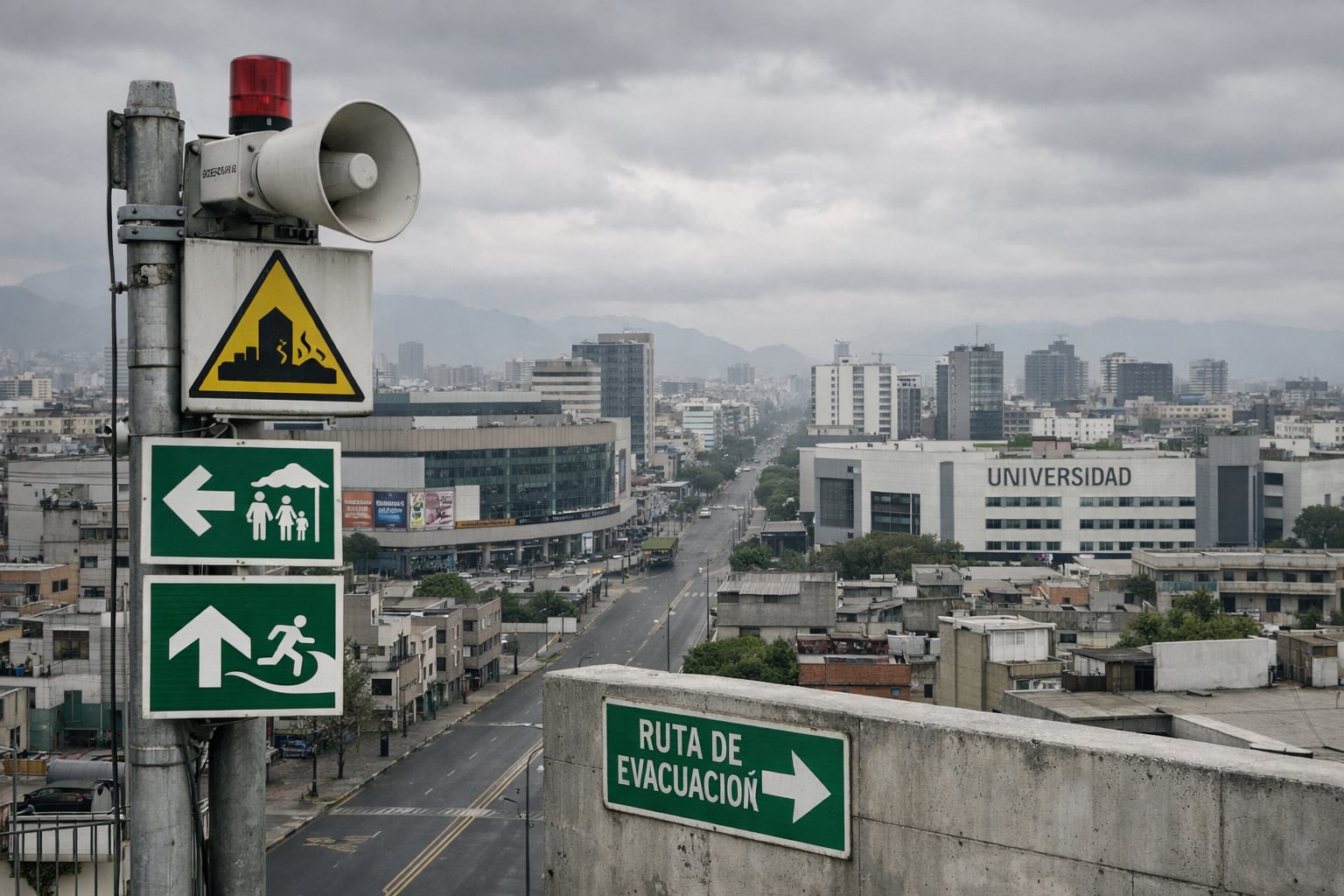 Una vista elevada de una ciudad peruana revela señales de alarma sísmica y carteles de evacuación prominentes, con un cielo nublado que acentúa la sensación de tensión urbana ante un posible evento. (Imagen Ilustrativa Infobae)
