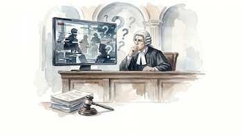Pintura acuarela de un juez con toga y peluca, sentado frente a una pantalla que muestra figuras pixeladas y signos de interrogación, en una sala de tribunal.