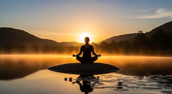 Silueta de una persona meditando en posición de loto sobre una roca en un lago brumoso al amanecer, con el sol bajo y colinas de fondo, y nenúfares en primer plano.