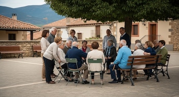 Un grupo de personas mayores está sentado y de pie en círculo bajo un árbol en una plaza, rodeados de bancos de madera, casas y una montaña lejana.