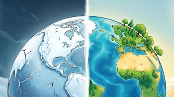 Ilustración de la Tierra dividida verticalmente. La mitad izquierda es hielo agrietado, mientras la mitad derecha muestra continentes verdes con árboles y océanos azules.