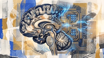 Ilustración de un cerebro humano en sección, conectado a un circuito electrónico con líneas de luz azul y amarillo sobre fondo de papel rasgado.
