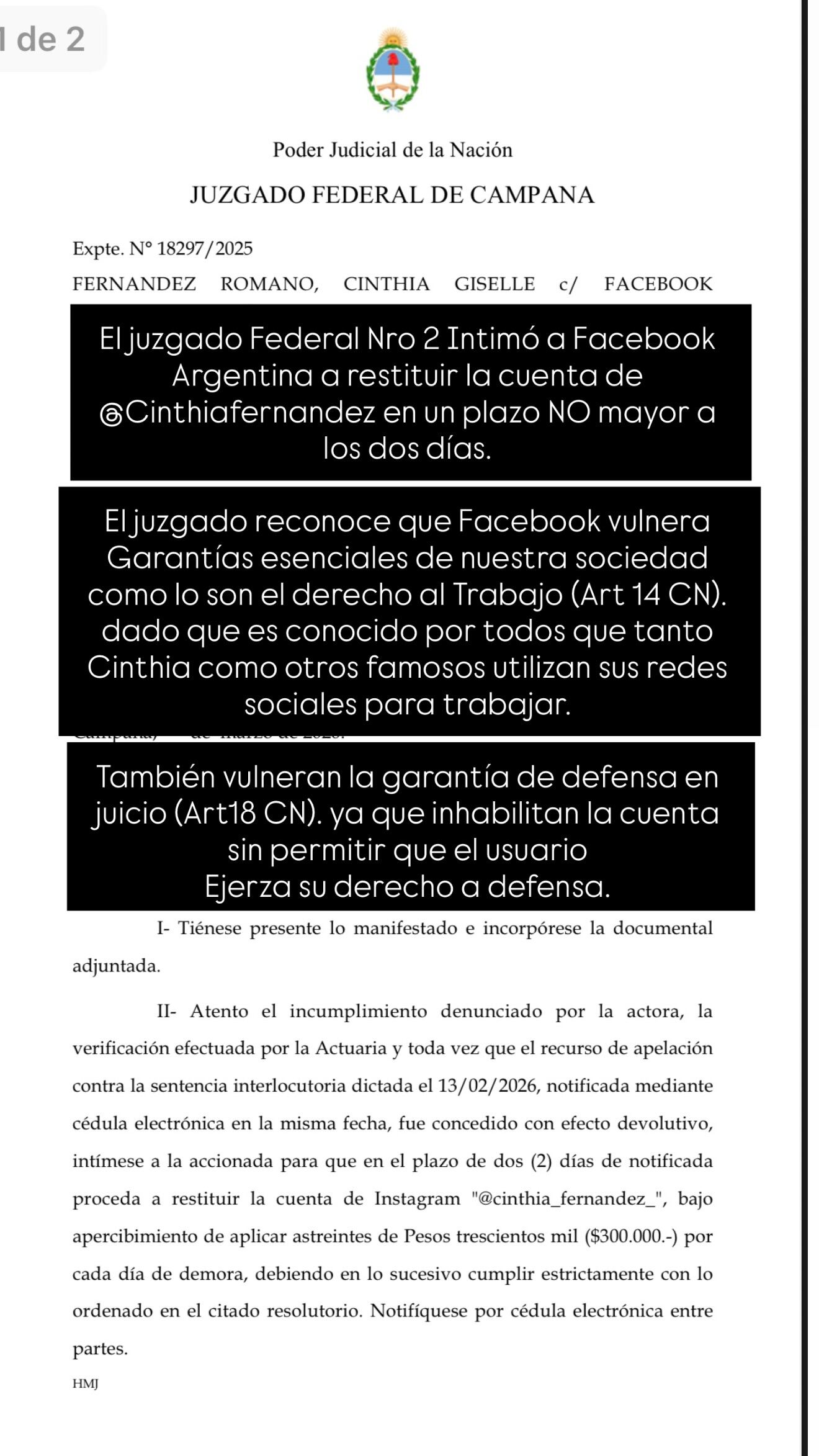 El posteo del abogado de Roberto Castillo, pareja de Cinthia Fernández, donde indica que la Justicia ordenó la restitución inmediata de la cuenta de la panelista
