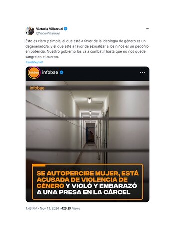 La vicepresidenta Victoria Villarruel consideró que los que están a favor de la ideología de género "son unos degenerados".