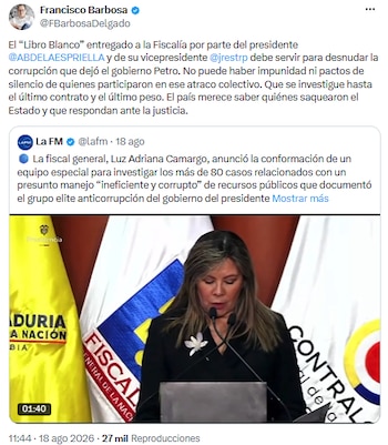 Francisco Barbosa exige investigar a fondo la corrupción heredada del Gobierno Petro - crédito @FBarbosaDelgado/X