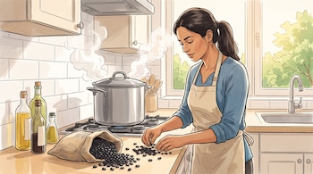 Ilustración de mujer con delantal clasifica frijoles negros en la encimera de una cocina con olla humeante, botellas, fregadero y ventana.