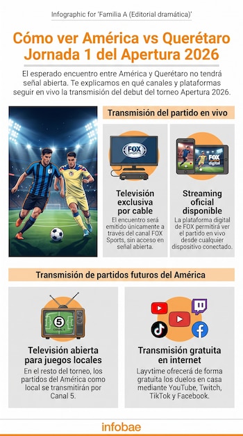Infografía con dos futbolistas, un estadio, un televisor, un smartphone, una tablet, una televisión de tubo y logos de plataformas digitales.