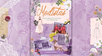 Portada del libro Modistas sobre fondo violeta con fotografías de mujeres, bocetos de vestidos, un maniquí y elementos de costura.