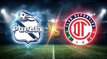 Escudos del Club Puebla y del Club Deportivo Toluca con las letras Vs en dorado en medio sobre el césped de un estadio.