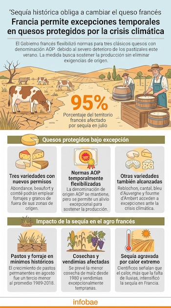 Infografía con textos, ilustraciones de una vaca en campo seco, un artesano elaborando queso, varios quesos, maíz y uvas.